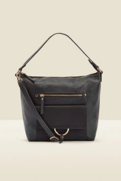 Black Large Hoop Clasp Shoulder Bag With Pocket Detail