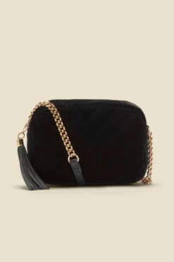 Black Soft Velvet Quilted Tassel Detail Cross Body Bag 10 Black Soft Velvet Quilted Tassel Detail Cross Body Bag -Sosandar Fashion Store web a22ac009bk a