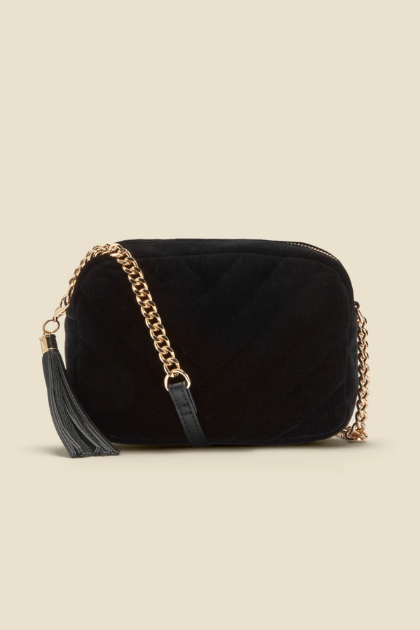 Black Soft Velvet Quilted Tassel Detail Cross Body Bag 5 Black Soft Velvet Quilted Tassel Detail Cross Body Bag - Image 3