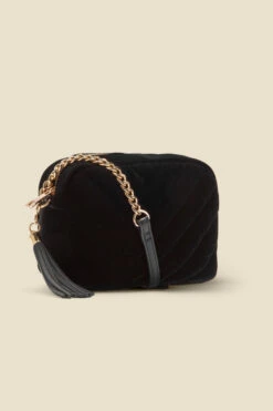 Black Soft Velvet Quilted Tassel Detail Cross Body Bag 9 Black Soft Velvet Quilted Tassel Detail Cross Body Bag -Sosandar Fashion Store web a22ac009bk b