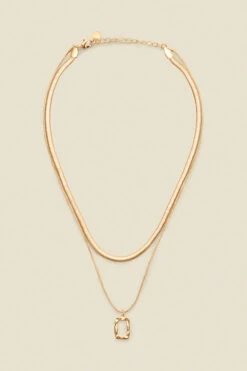 Gold Square Pendant Slinky Chain Layered Necklace