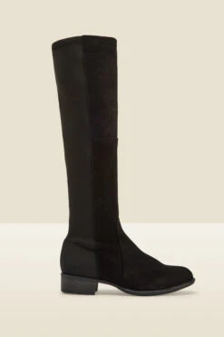 Gia Black Suede Flat Knee High Boot With Elastic Panel