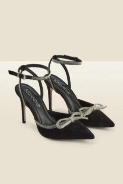 Black Suede Diamante Bow Trim Ankle Strap Court Shoe