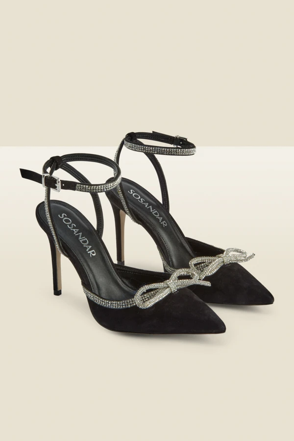 Black Suede Diamante Bow Trim Ankle Strap Court Shoe 3 Black Suede Diamante Bow Trim Ankle Strap Court Shoe