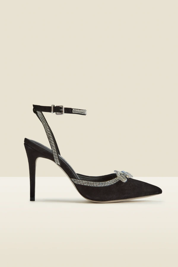 Black Suede Diamante Bow Trim Ankle Strap Court Shoe 4 Black Suede Diamante Bow Trim Ankle Strap Court Shoe - Image 2