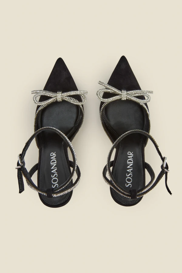 Black Suede Diamante Bow Trim Ankle Strap Court Shoe 5 Black Suede Diamante Bow Trim Ankle Strap Court Shoe - Image 3