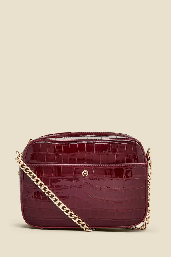 Wine Croc Faux Leather Chain Detail Cross Body Bag 4 Wine Croc Faux Leather Chain Detail Cross Body Bag - Image 2
