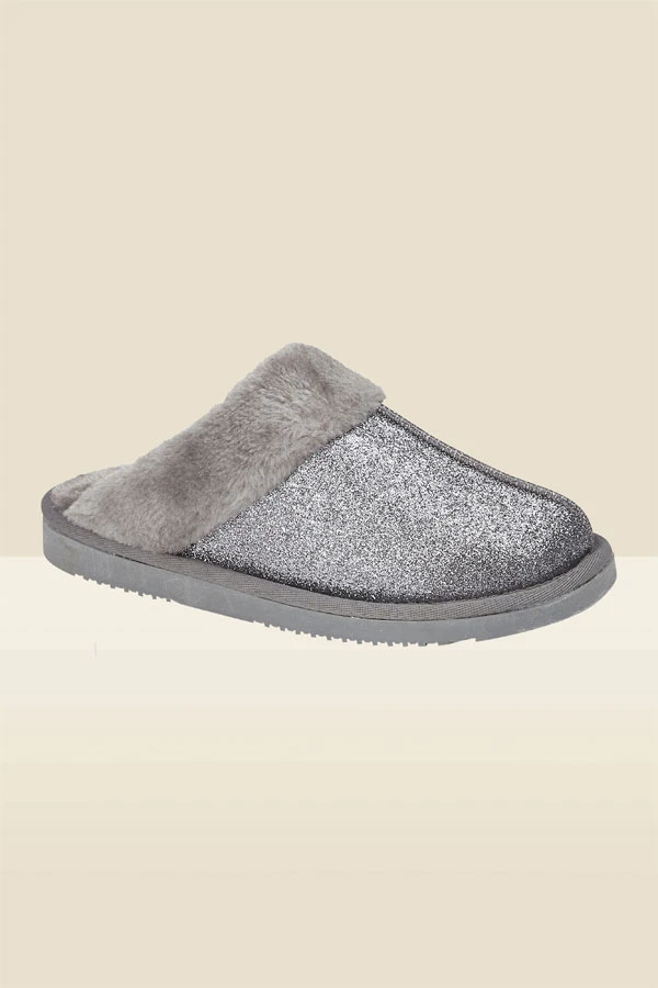 Silver Glitter Mule Slippers With Faux Fur Lining 3 Silver Glitter Mule Slippers With Faux Fur Lining