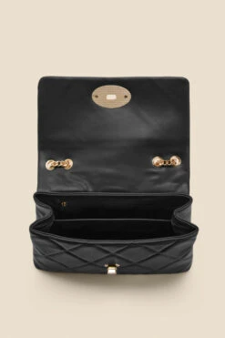 Black Faux Leather Quilted Clasp Detail Cross Body Bag -Sosandar Fashion Store web ac006 bk c