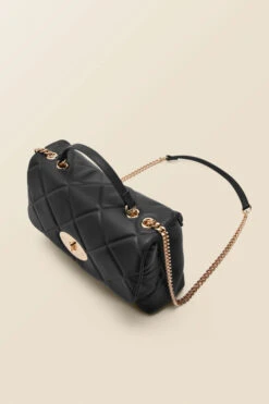 Black Faux Leather Quilted Clasp Detail Cross Body Bag -Sosandar Fashion Store web ac006 bk d