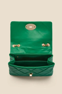 Green Faux Leather Quilted Clasp Detail Cross Body Bag -Sosandar Fashion Store web ac006 gn c