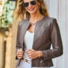 Taupe Zip Front Round Neck Leather Jacket -Sosandar Fashion Store web cc 133 s21ol004bn0003 021