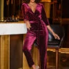Burgundy Velvet Diamante Stud Faux Wrap Jumpsuit -Sosandar Fashion Store web crop2 2309 58 a23jv002rd0004 58 051