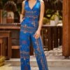 Blue Baroque Print Wrap Front Wide Leg Jumpsuit