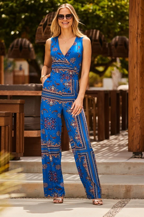 Blue Baroque Print Wrap Front Wide Leg Jumpsuit 3 Blue Baroque Print Wrap Front Wide Leg Jumpsuit