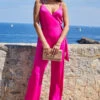 Pink Satin Tie Waist Jumpsuit -Sosandar Fashion Store web crop 2306 65 s23jw034pk0001 65 043