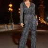 Silver Sparkle Plisse Wrap Front Wide Leg Jumpsuit -Sosandar Fashion Store web crop 2308 13 a23jj002mc0005 13 034 rt