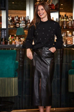 Black Faux Leather Long Line Pencil Skirt With Split 12 Black Faux Leather Long Line Pencil Skirt With Split -Sosandar Fashion Store web crop 2309 109 a23tk263bk0001 109 060