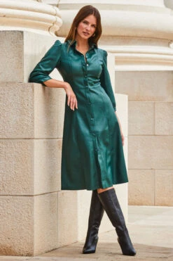 Green Faux Leather Popper Front Shirt Dress