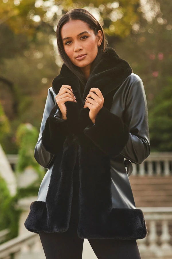 Black Faux Leather Coat With Faux Fur Trim 3 Black Faux Leather Coat With Faux Fur Trim