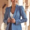 Petite Mid Blue Denim Gold Button Detail Blazer -Sosandar Fashion Store web crop 2402 25 s24od007be0007 s24bd013be0007 25 065 1