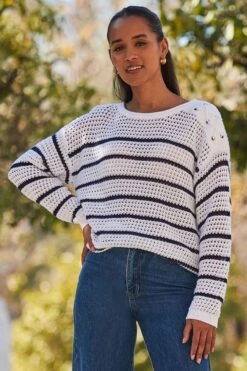 White & Navy Blue Stripe Crochet Jumper