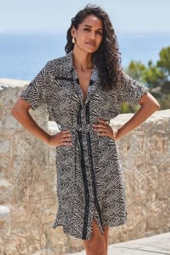 Black Animal Print Ladder Trim Shirt Dress