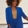 Cobalt Blue Ruched Sleeve Longline Blazer -Sosandar Fashion Store web crop 2406 56 s24bw092be0001 s24ow109be0001 56 040 rt