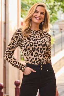 Leopard Print Button Cuff Crew Neck Jumper
