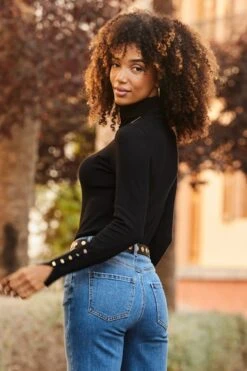 Black Roll Neck Button Cuff Jumper -Sosandar Fashion Store web crop 2507 17 a25tk462bk0001 a24bd024be0010 17 118