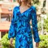 Blue Swirl Print V Neck Ruched Front Shift Jersey Dress 2 Blue Swirl Print V Neck Ruched Front Shift Jersey Dress -Sosandar Fashion Store web crop 41 a22dj045blge01 075 rt