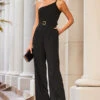 Black Asymmetric Chain Shoulder Belted Jumpsuit 2 Black Asymmetric Chain Shoulder Belted Jumpsuit -Sosandar Fashion Store web crop 61 s23jw017bk0001 009 rt