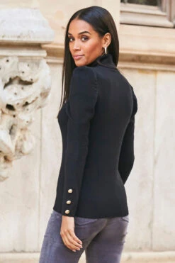 Black Gathered Sleeve Button Detail Jumper -Sosandar Fashion Store web crop 79 a21tk581bk a20bd008gy 250