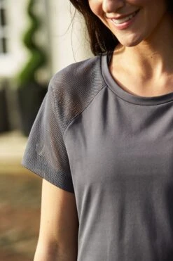 Charcoal Grey Mesh Sleeve Breathe Activewear T Shirt -Sosandar Fashion Store web d1s2 s21aw005 s21aw008 s21aw002 37390