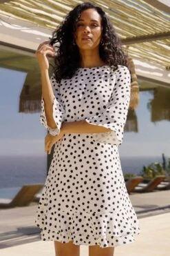 White & Black Spot Print Flutter Hem Shift Dress -Sosandar Fashion Store web day 4.00 01 54 11.still005