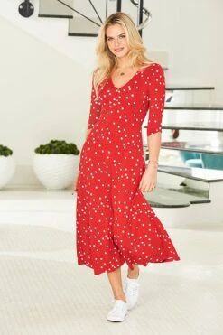 Red & White Spot Print Jersey Midi Dress