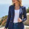 Navy Blue Linen Blend Tuxedo Blazer Jacket -Sosandar Fashion Store web hi 44 s25ow001be0003 a21bd112be0010 044 2 rt