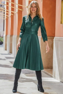 Dark Green Faux Leather Pleated Midi Dress 11 Dark Green Faux Leather Pleated Midi Dress -Sosandar Fashion Store web rt06 s3dp004gn0015 064