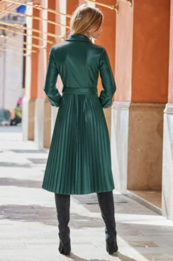 Dark Green Faux Leather Pleated Midi Dress 12 Dark Green Faux Leather Pleated Midi Dress -Sosandar Fashion Store web rt06 s3dp004gn0015 083