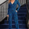 Blue Animal Print Wrap Front Wide Leg Jumpsuit With Pockets