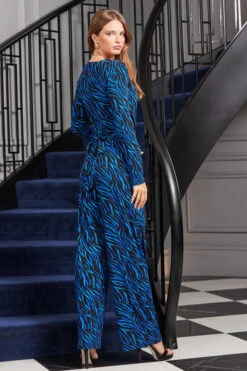 Blue Animal Print Wrap Front Wide Leg Jumpsuit With Pockets -Sosandar Fashion Store web rt 107 a20jj004blan01 099