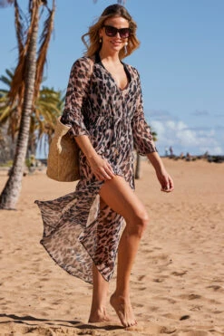 Leopard Print Tie Waist Fluted Sleeve Beach Kaftan 8 Leopard Print Tie Waist Fluted Sleeve Beach Kaftan -Sosandar Fashion Store web rt 19 s23rw005nlbn01 006
