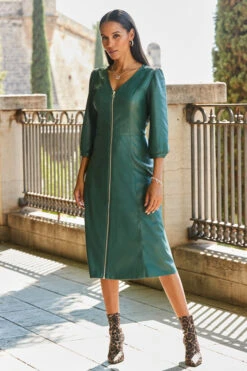 Emerald Green Zip Front Faux Leather Midi Dress -Sosandar Fashion Store web rt 27 ss19or01bk0001 006