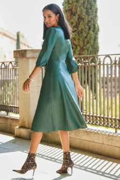 Emerald Green Zip Front Faux Leather Midi Dress -Sosandar Fashion Store web rt 27 ss19or01bk0001 138