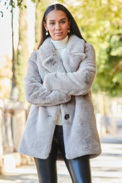 Taupe Premium Faux Fur Coat With Button Detail -Sosandar Fashion Store web rt 31 s21bd014be0028 181 1