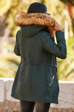 Green Faux Fur Hooded Parka With Gold Zip Pockets -Sosandar Fashion Store web rt 37 ss19or01bk0001 110