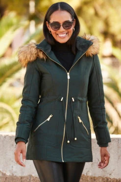 Green Faux Fur Hooded Parka With Gold Zip Pockets -Sosandar Fashion Store web rt 37 ss19or01bk0001 176