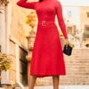 Red Fit & Flare Rib Knit Belted Dress With Silver Detail -Sosandar Fashion Store web rt 43 a22dk480rd0017 055