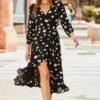 Black & White Spot Print Ruffle Hem Midi Wrap Dress -Sosandar Fashion Store web rt 73 s21dw113bksp01 028