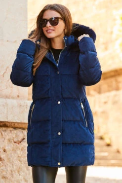 Navy Blue Luxe Velvet Padded Coat -Sosandar Fashion Store web rt 77 a22ow004be0003 161